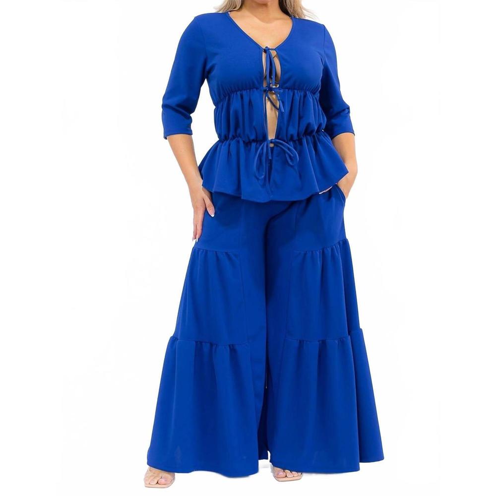 NEW KAREN T DESIGN hollow lace up top and spliced wide leg pants in blue